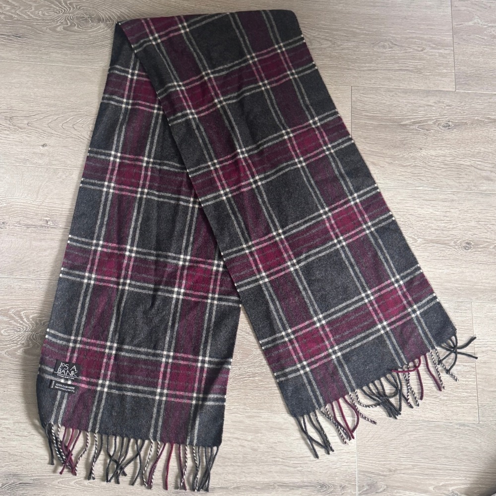 Jos A Bank Mens 100% Cashmere Scarf Plaid Grey Burgundy White Fringe Winter